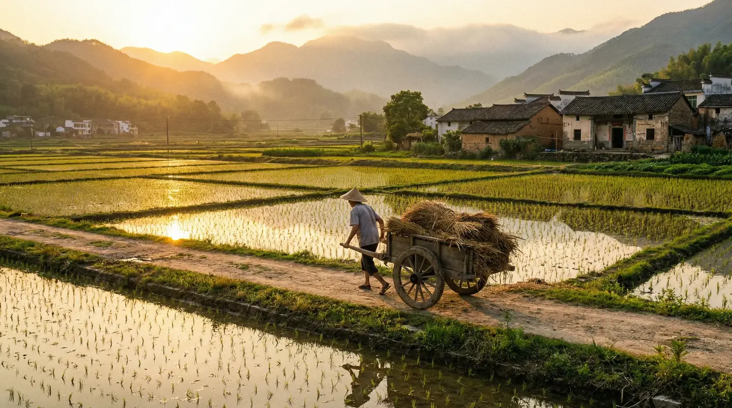 风雨桃花镇 - 金色夕阳下的乡村田野，老农推着木车行走在田埂上